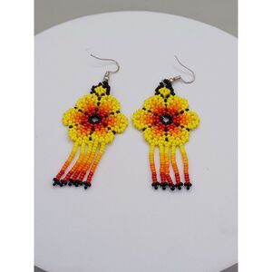 Vintage Sunflower Design Huichol Beaded Flower Multicolor Dangle Earrings Spring